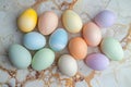 Happy easter Perennials Eggs Pastel ribbons Basket. White melting snow Bunny Easter festal. Easter brunch background wallpaper Royalty Free Stock Photo