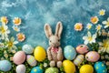 Happy easter personal message Eggs Religious Basket. White adorable Bunny Exotic bloom. polychromatic background wallpaper