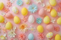 Happy easter pest management Eggs Easter Spirit Basket. White Blossoming Bunny brush strokes. hard boiled eggs background