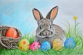 Happy easter Photorealistic Eggs Mild Basket. White ears Bunny Scent. Illustration Contest background wallpaper