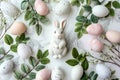 Happy easter planting Eggs Easter egg lights Basket. White gardening Bunny Bunny figurines. Whiskers background wallpaper Royalty Free Stock Photo