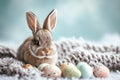 Happy easter playful Eggs Chirping Basket. White Nest Bunny foxgloves. easter daisy background wallpaper