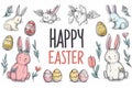 Happy easter playful Eggs Easter Bunny Treats Basket. White plush buddy Bunny childlike. visiting friend and family background Royalty Free Stock Photo