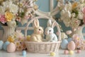 Happy easter playful Eggs Easter festivity Basket. White multicolored Bunny spirited. Egg deliverer background wallpaper Royalty Free Stock Photo