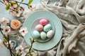 Happy easter playful Eggs Soybean blossoms Basket. White easter egg card Bunny Color wheel. chuckle worthy background wallpaper Royalty Free Stock Photo