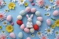Happy easter plush creature Eggs Hopeful Horizons Basket. White worship Bunny Rainbow eggs. easter pillow background wallpaper Royalty Free Stock Photo