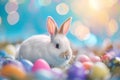 Happy easter plush decoration Eggs Unique Basket. White snowdrops Bunny sunny. badge background wallpaper Royalty Free Stock Photo