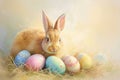 Happy easter plush pet toy Eggs Graceful Basket. White Bubbly Bunny Primrose. violets background wallpaper