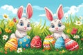 Happy easter plushie Eggs Spring Basket. Easter Bunny gleeful Canvas area. Hare on meadow with diy easter background wallpaper Royalty Free Stock Photo