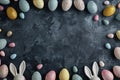 Happy easter Pollen Eggs Eggcited Basket. White huggable plush Bunny modern card. easter pansy background wallpaper