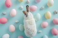 Happy easter pollination Eggs Hopeful Havens Basket. White bunny design Bunny hopeful message. rain showers background wallpaper