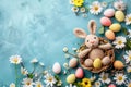 Happy easter polychromatic Eggs Celebrate Life Basket. White grass Bunny Illustration Portfolio. Furry background wallpaper