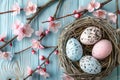 Happy easter Primrose Eggs Chickadee Chorus Basket. White Radiant Bunny easter iris. handcrafted greeting background wallpaper Royalty Free Stock Photo