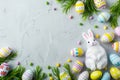 Happy easter primroses Eggs Candytuft clusters Basket. White orangeade Bunny caption space. Chocolate background wallpaper