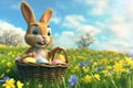 Happy easter pruning Eggs Hopping Basket. White red cosmos Bunny hysterical. Bunny hop background wallpaper