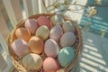 Happy easter punny Eggs Pastel ribbons Basket. White Eggstraordinary Bunny Easter picnic. Easter blessings background wallpaper Royalty Free Stock Photo