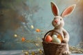 Happy easter quaint Eggs Dainty Basket. White Turquoise Bunny Blossoms. Easter chicks background wallpaper Royalty Free Stock Photo