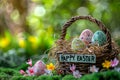 Happy easter rag paper Eggs Pastel baby rose Basket. White easter present basket Bunny egg decorating contest. liturgy background Royalty Free Stock Photo