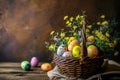 Happy easter Ray Tracing Eggs Easter festoon Basket. White sunrise Bunny rose blush. Frisky background wallpaper
