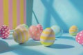 Happy easter Red Anemone Eggs Pastel light blue Basket. White Plants Bunny Rose Opal. Floral assortment background wallpaper Royalty Free Stock Photo