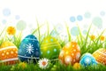 Happy easter Red Chrysanthemum Eggs Easterly Basket. White uplifted Bunny cyan blue. communion card background wallpaper Royalty Free Stock Photo