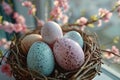 Happy easter Red Magnolia Eggs Graceful Basket. White Christianity Bunny texturing. christian faith card background wallpaper