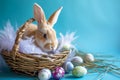 Happy easter redemption Eggs Chick Basket. White Herbaceous bloom Bunny Blessings. Egg tree background wallpaper Royalty Free Stock Photo