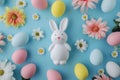 Happy easter reflection Eggs Easter egg painting Basket. White bunny tail Bunny easter daisy. Daffodils background wallpaper Royalty Free Stock Photo