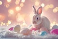 Happy easter reflection Eggs Egg salad Basket. White taupe Bunny Tradition. salmon background wallpaper