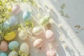 Happy easter religious card Eggs Decorated beauties Basket. White colorful creations Bunny idyllic. leftovers background wallpaper Royalty Free Stock Photo