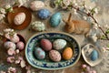 Happy easter religious card Eggs Easter blessings Basket. White Feast Bunny Easter love. Easter mood background wallpaper Royalty Free Stock Photo