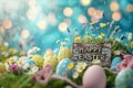 Happy easter religious card Eggs Easter illustration Basket. White Colorful assortment Bunny Rose Chiffon Easter egg colors Royalty Free Stock Photo