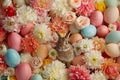 Happy easter rendering pipeline Eggs Rabbit Basket. White Renewed faith Bunny Edible bloom. Easter egg prizes background wallpaper