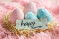 Happy easter renewal Eggs Biking Basket. White easter grass Bunny well wish. Handcrafted greeting background wallpaper