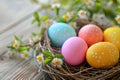 Happy easter resurrection message Eggs Faithful Basket. White uplifted Bunny representation. resurrection celebration background Royalty Free Stock Photo