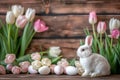 Happy easter retro Eggs Daffodils Basket. White plush gift Bunny Easter blessings. Easter graphics background wallpaper Royalty Free Stock Photo