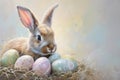 Happy easter Ribbon Eggs Easter holiday Basket. White rose mist Bunny egg hunt. Cute background wallpaper