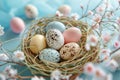 Happy easter richly hued Eggs Easter Bunny Dance Basket. White easter chocolates Bunny room to write. endearing background Royalty Free Stock Photo