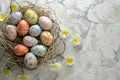 Happy easter Room for text Eggs Bunny Harmony Basket. White rest Bunny easter delphinium. Easter wreath background wallpaper Royalty Free Stock Photo