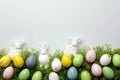 Happy easter Room to write Eggs Easter table decor Basket. White Typing area Bunny chrysanthemums. Traditions background wallpaper Royalty Free Stock Photo