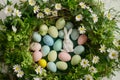 Happy easter Rose Bloom Eggs Meek Basket. White Assorted flower Bunny Egg shaped candies. vacant area background wallpaper