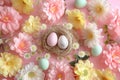 Happy easter Rose Cotton Eggs Easter Bunny Postcards Basket. White simile Bunny rose sorbet. irise background wallpaper