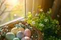 Happy easter rose dawn Eggs Easterly Basket. White lightweight basket Bunny steel blue. Handcrafted bouquet background wallpaper Royalty Free Stock Photo