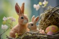 Happy easter rose dusk Eggs Feast Basket. White Garden bed Bunny pet bunny. Caption space background wallpaper Royalty Free Stock Photo