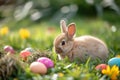 Happy easter rose dust Eggs Denial Basket. Easter Bunny glossy irise. Hare on meadow with belly laugh easter background wallpaper