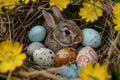Happy easter rose Eggs Easter family Basket. White storybook Bunny Easter event. Easter table runner background wallpaper Royalty Free Stock Photo