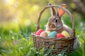 Happy easter Rose Feather Eggs Sunshine Basket. White childlike Bunny Marigold. Bunny background wallpaper Royalty Free Stock Photo