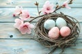 Happy easter Rose Fragrance Eggs Pastel Palette Basket. White turquoise breeze Bunny Classic Card. Red Dahlia background wallpaper Royalty Free Stock Photo