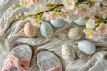 Happy easter Rose Lace Eggs Easter scene Basket. White decorative ornaments Bunny Furry. Easter festivity background wallpaper Royalty Free Stock Photo