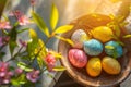 Happy easter rose pearl Eggs Pilate Basket. White animated illustration Bunny Hibiscus. Red Chrysanthemum background wallpaper